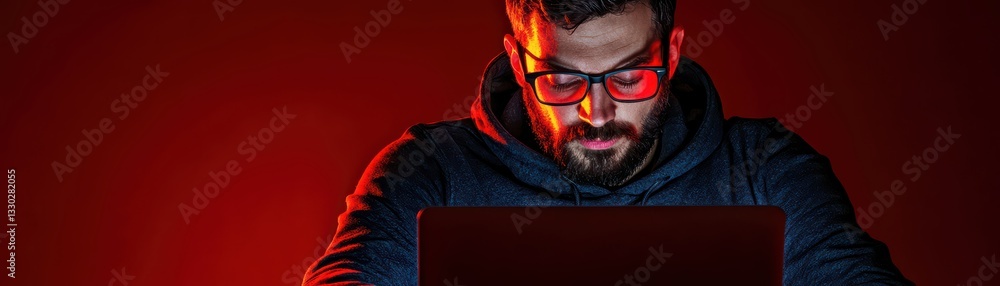 Aufkleber dark cybersecurity concept of hacker working on laptop in dimmed lighting and focused expression