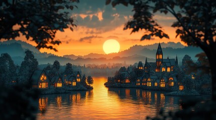 Paper cut silhouette of a quiet European town at sunset, warm pastel tones