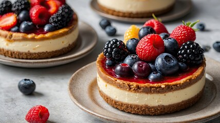 Berry Cheesecake Miniatures with Fresh Fruit on Plates for Dessert