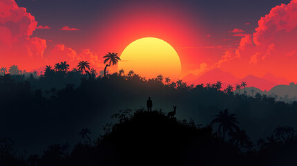 Obraz premium A captivating illustration captures the silhouette of a person and an animal set against a backdrop of a brilliant orange sun sinking behind lush tropical landscape. Cover photo, web banner