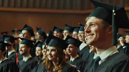 A joyful graduation ceremony takes place at a university, featuring excited graduates wearing caps and gowns. Friends and family cheer on the graduates during the memorable event