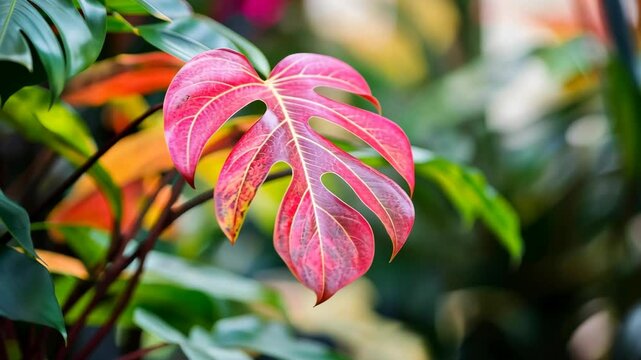 Vibrant pink leaf of a tropical plant contrasting with lush green foliage in a garden setting