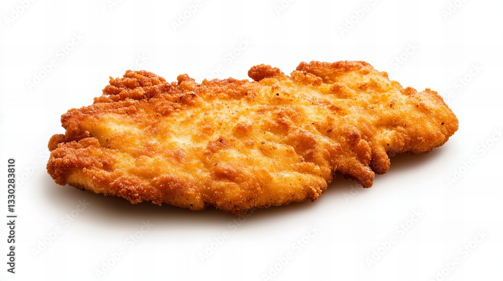 Poster crispy schnitzel lies on a white surface showcasing its golden brown breading and irregular edges, i