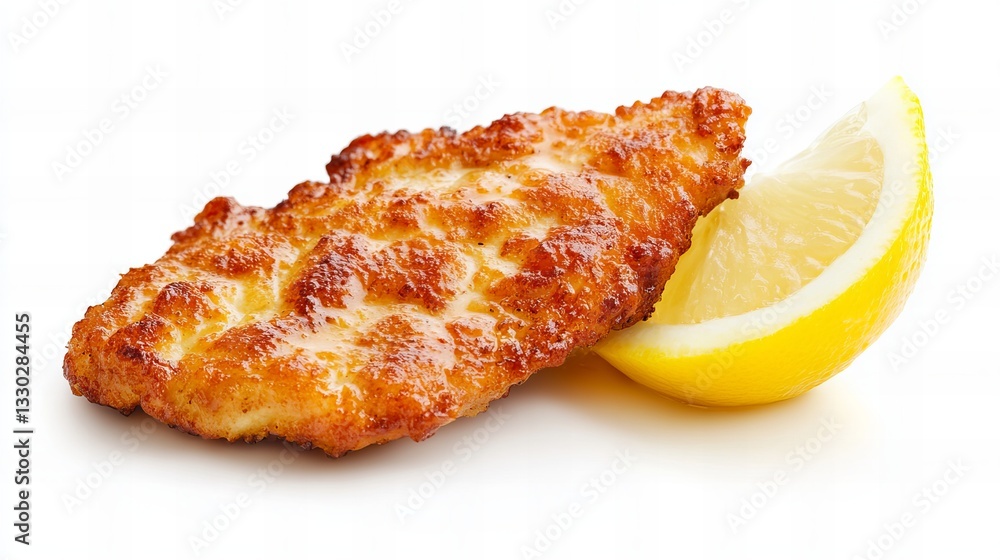 Poster crispy schnitzel rests beside a lemon slice on a white surface showing its golden brown color and ap