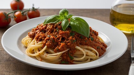 Spaghetti Bolognese on White Plate with Fresh Basil Garnish and Tomatoes