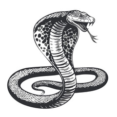 Coiled cobra with extended hood, black and white image, vector.