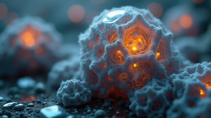 Intricate structures resembling microorganisms gently illuminate the dark surroundings with a soft, warm glow. This captivating aquatic environment showcases unique textures and colors