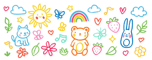Crayon Pencil Colorful Kindergarten Squiggles Vector Set. Chalk Scribble Spring Shapes Collection. Hand Drawn Brush Texture Flowers, Animals, Hearts Squiggles. Pencil Childish Girly Charcoal Doodles