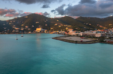 Exposure done at sunrise of Road Town, capital city of Tortola, Baughers Bay and the surroundings and its magnificent water color, while arriving at the Island by Cruise Ship, British Virgin Islands
