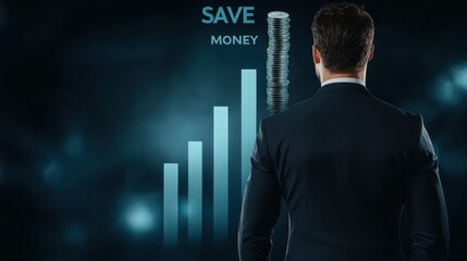 Businessman Looking at Financial Growth Concept with Coins and Save Money Message