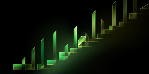 business graph with arrow Abstract green steps illuminated on a black background