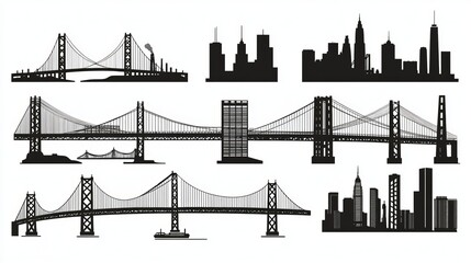 Naklejka premium Black Silhouette Collection of Urban Bridge Icons 