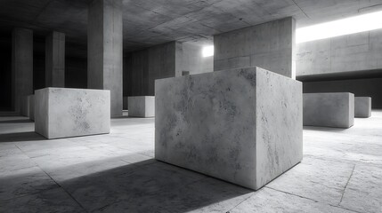 An architectural abstract with concrete block shapes inside a building