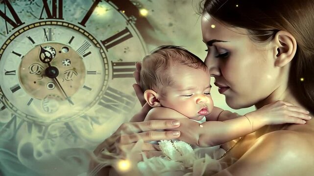 Eltern mit Baby in einer nebeligen Zeitwelt voller Uhren