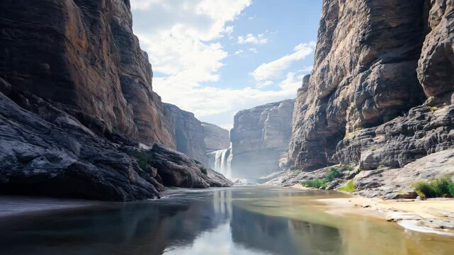 Explore stunning canyon landscapes with towering rock formations and a tranquil river. The waterfall cascades amid vibrant nature, showcasing beautiful scenery and clear skies