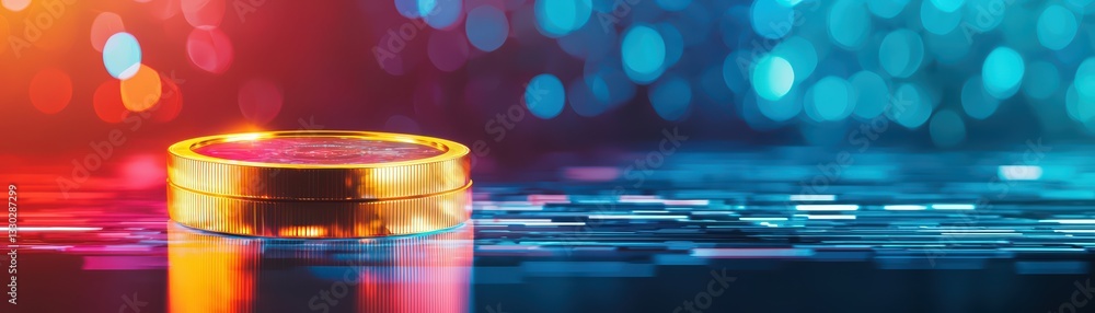 Poster futuristic concept of a floating holographic display with vibrant colors and reflections