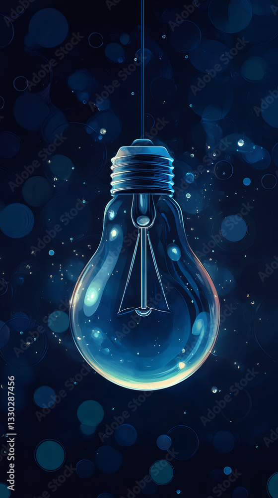Poster Glowing light bulb hanging in dark space with bokeh effect, symbolizing innovation, creativity, and new ideas