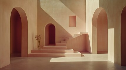 Fototapeta premium Interior space features archways stairways and unique warm color tones