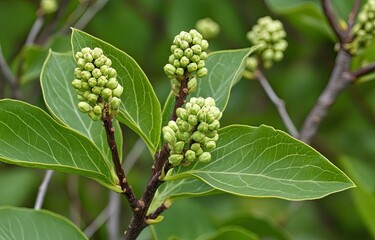 Emerging Flower Buds and Green Leaves Growing on Shrub Branch in Spring