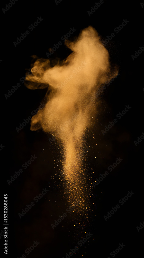 Poster golden powder bursting, forming dynamic abstract shapes against dark backdrop, ideal for graphic des
