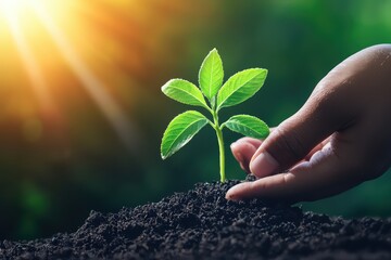 Fototapeta premium Hands Nurturing a Young Plant Symbolizing Growth and Multicultural Collaboration