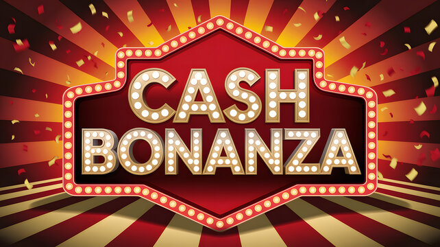 Horizontal Cash Bonanza marquee sign with bright lights and confetti – text
