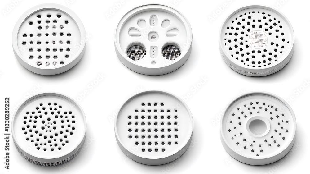 Aufkleber six different white circular objects with various hole patterns are shown