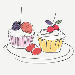 Illustration set of cakes with berries in Continuous line drawing style