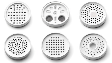 Fototapeta premium Six different white circular objects with various hole patterns are shown