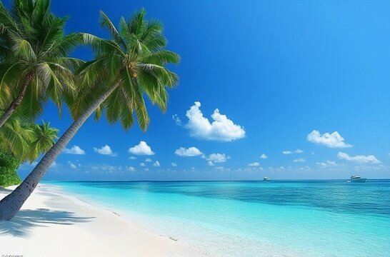 Idyllic tropical beach scene featuring crystal-clear turquoise waters, white sandy shores, and lush palm trees leaning gracefully towards the ocean