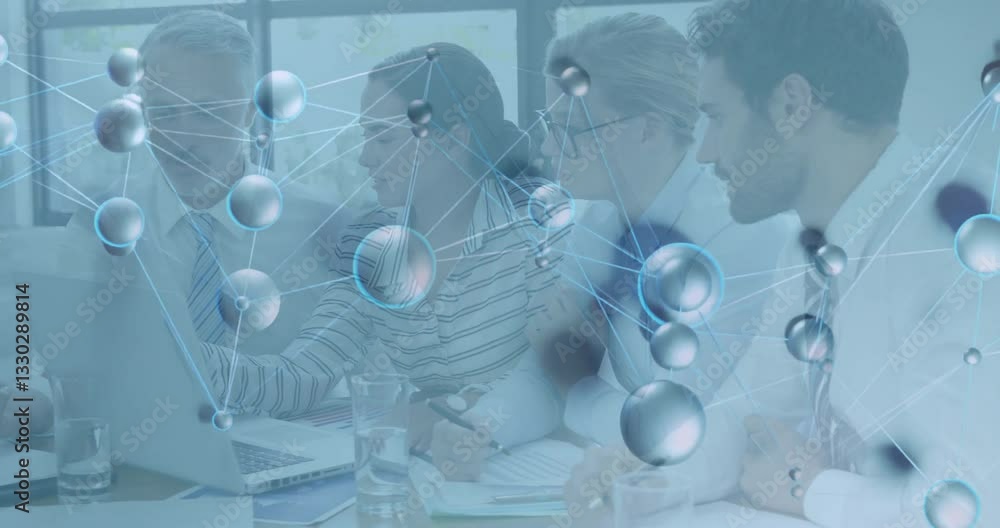 Aufkleber collaborating on molecular structure animation overlay, business team in office setting