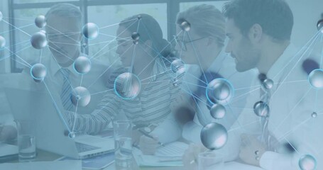 Collaborating on molecular structure animation overlay, business team in office setting - Powered by Adobe