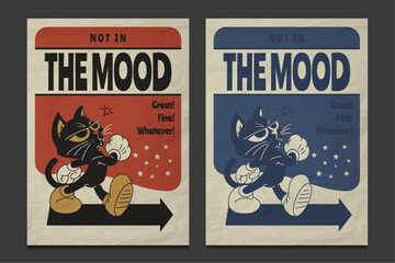 retro 30s-style poster featuring a black cat cartoon character, vector illustration