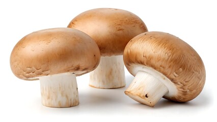 Group of fresh brown mushrooms displayed on white background, nutritious and healthy vegetable for cooking