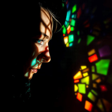 A striking close-up portrait of a woman bathed in multicolored stained glass reflections against a dark background. Vibrant light and shadow create a moody, contemplative feel, evoking introspection.