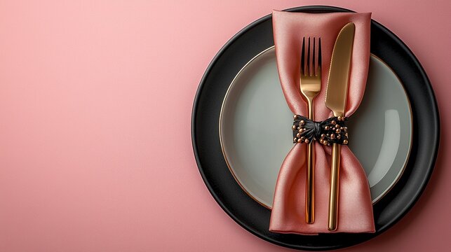 A romantic table setting for a Valentine's Day or birthday party featuring a black and pink plate with cutlery and a napkin on a pastel background in a top - view shot. 
