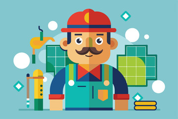 A cartoon tiler with a mustache is shown preparing tiles and tools for a renovation task, Tiler Customizable Disproportionate Illustration