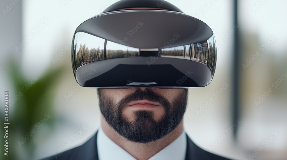 Poster man with a beard dons a sleek virtual reality headset in a contemporary indoor environment. setting 