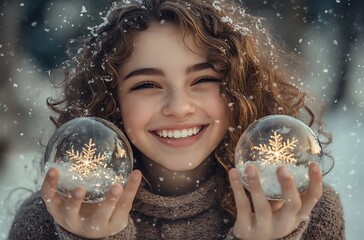 Naklejka premium Beautiful Young Woman with Curly Hair Smiling in Winter Portrait with Snow Falling and Christmas Ornaments in Warm Festive Atmosphere