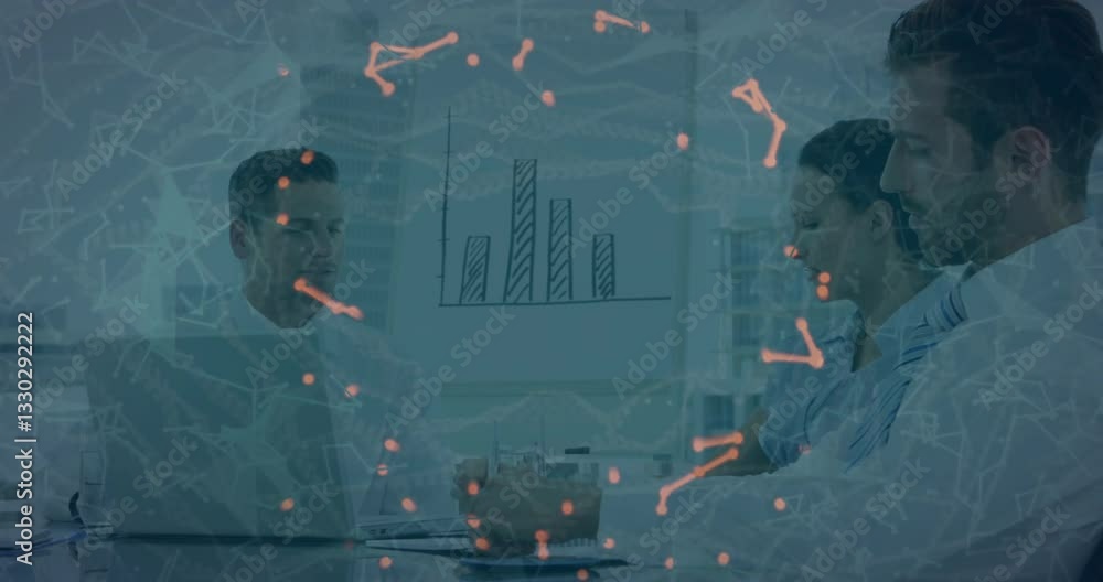Poster business meeting with data visualization animation over bar chart presentation