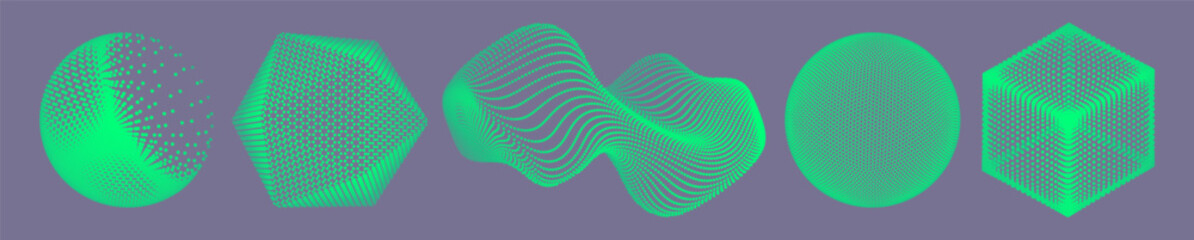 Set of geometric shapes for design. Crystal, sphere, cube and wave made up of small particles. Objects with dots. Grid. Connection structure for education and science. Vector illustration.