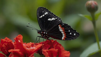 Black and Red Butterfly Resting on a Red Flower in Garden