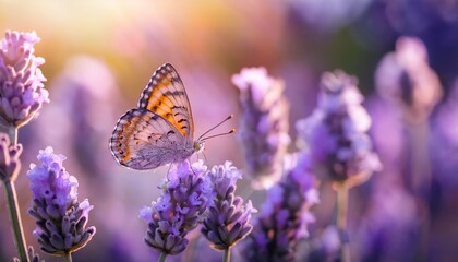 Naklejka premium A delicate butterfly perched on a lavender flower, captured in intricate detail against a soft, blurred background, showcasing the beauty of nature in a serene and peaceful moment. 