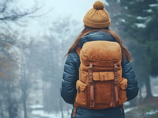 Woman Hiking in Foggy Woods