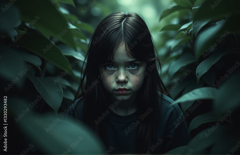 Leinwandbilder a girl emerges from dark foliage with an intense gaze that pulls observers into an enigmatic realm w