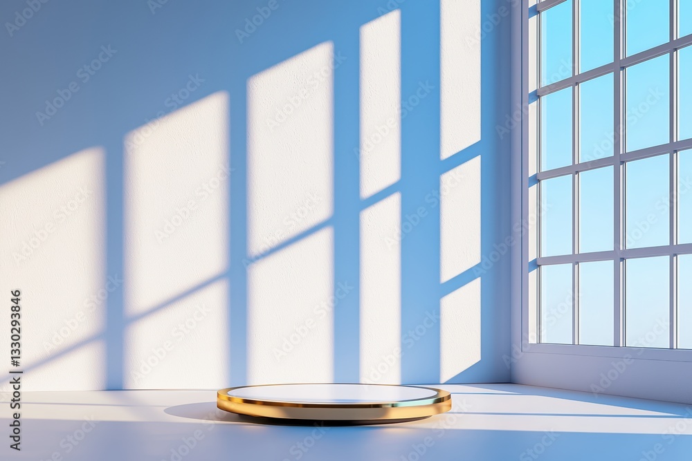 Poster modern circular display base with soft shadows and bright natural light in contemporary space