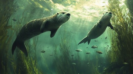 Obraz premium Two otters swim gracefully amidst kelp forest, sunlight streams through water, fish surround them