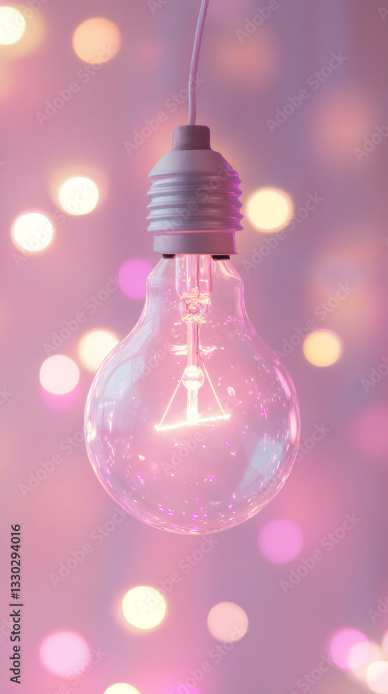 Aufkleber luminous light bulb suspended from wire, soft pink bokeh generating enchanting ambiance