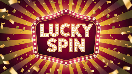 Lucky Spin glowing casino sign with gold confetti and radiant background &ndash; landscape format &ndash; text.

