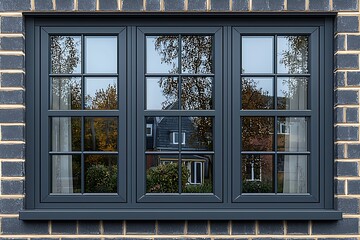Dark grey window, brick wall, home view
